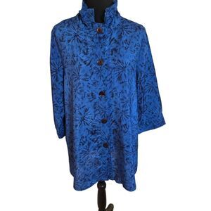 Terra SJ Apparel Womens Blue Black Print Button Front Tunic Blouse Medium